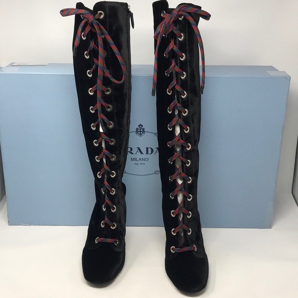 Prada Black Lace Up Velvet Runway Boots NIB - Picture 8 of 8